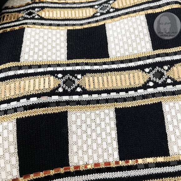 St John Evening Jacket Embellished Knit Gold Black White Zip Front Vintage Sz 10 - Picture 8 of 11